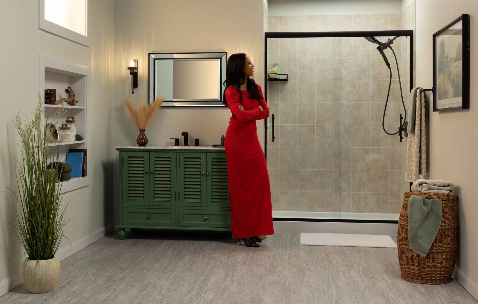 Finished Luxury Bath shower with a stone look wall surround and black fixtures