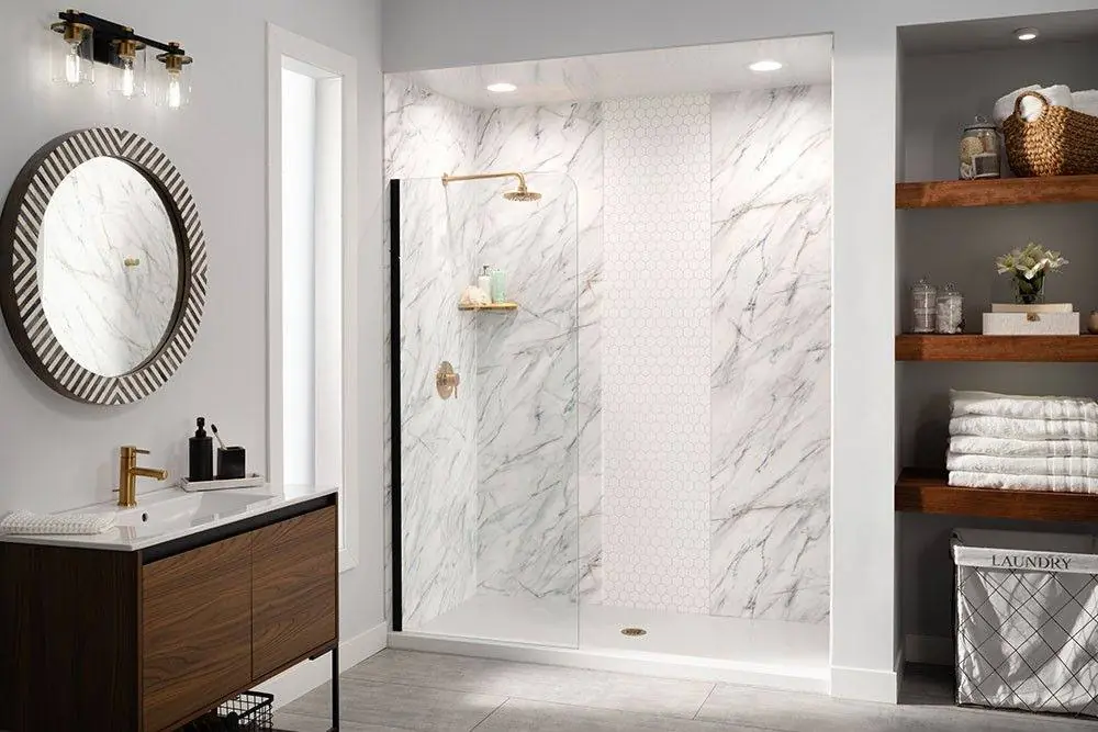 Walk-in shower with marble look walls installed where a bathtub used to be