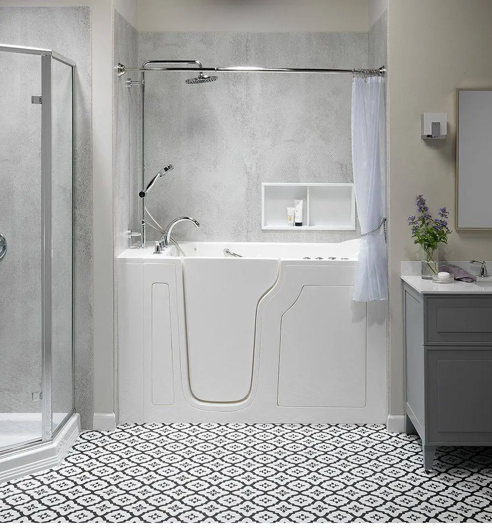 Walk-in tub with a low step door and built-in seat