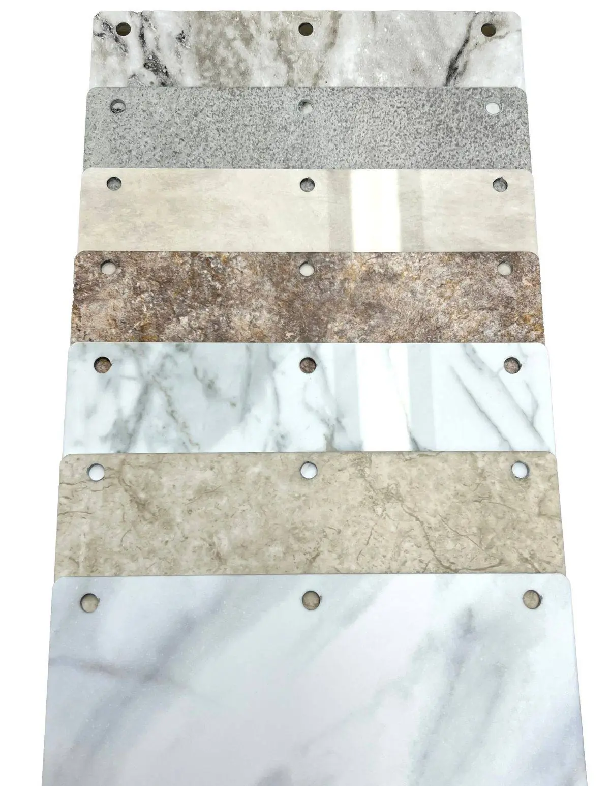 Acrylic shower wall panel samples in marble, stone and granite patterns